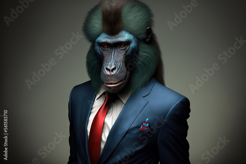 Fotografia portrait of a mandrill dressed in a formal business suit, generative ai