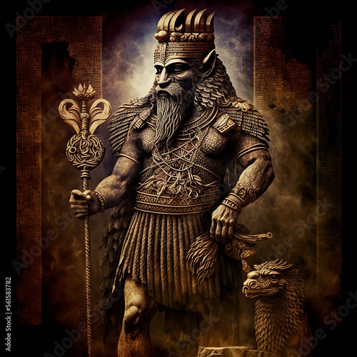 Ancient Sumerian mythology. Enki ancient Sumerian mythological god. Created with Generative AI technology.