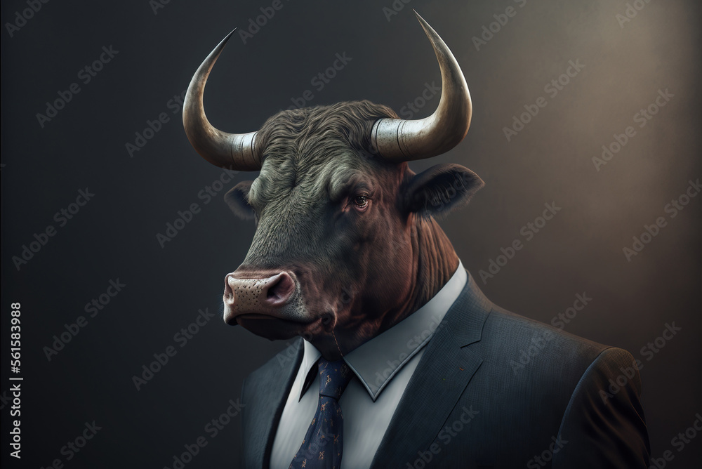 Portrait of a bull dressed in a formal business suit, generative ai Portrait of a bull dressed in a formal business suit, generative ai