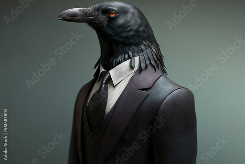 Fototapeta portrait of a raven dressed in a formal business suit, generative ai