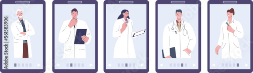 Doctors on smartphone screen. Medical app, choose your doctor. Various medical professionals avatars, hospital team. Cartoon vector clinic online