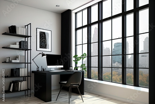 Interior of office room with black parquet floor, white and black furniture, window with city view, computer on desk, and books on racks. Blank space for copying. Generative AI