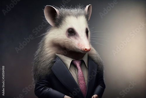 Portrait of a opossum dressed in a formal business suit,  generative ai