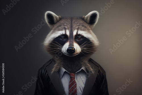 Portrait of a raccoon dressed in a formal business suit, generative ai