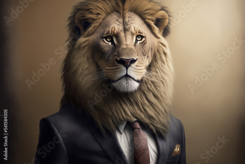 Portrait of a lion dressed in a formal business suit,  generative ai