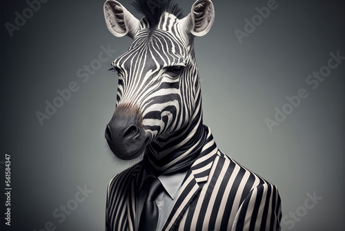 Portrait of a zebra dressed in a formal business suit,  generative ai