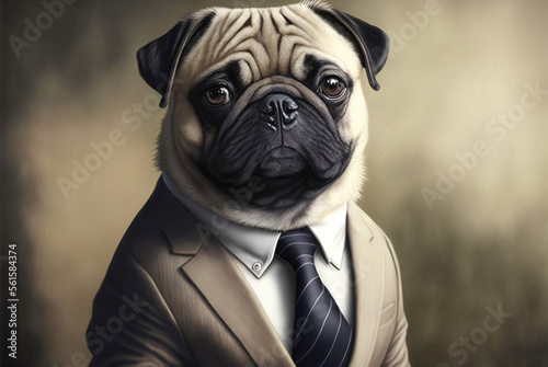 Portrait of a pug dog dressed in a formal business suit, generative ai