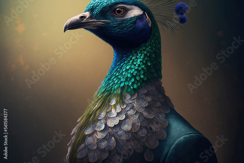 Portrait of a peafowl dressed in a formal business suit,  generative ai