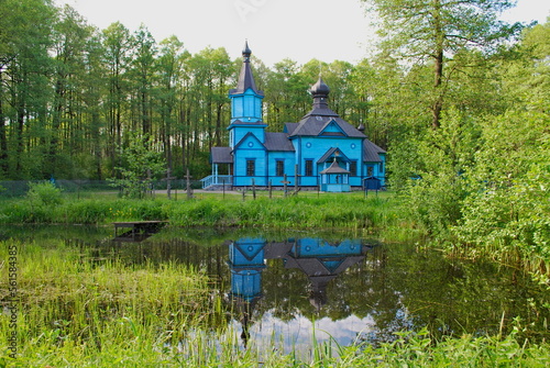 Blue wooden orthodox church in Koterka, Podlasie, Poland