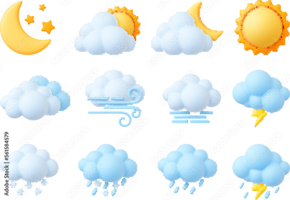 Plasticine 3d weather icons, render style sun, cumulus and snowflakes. Trendy fluffy bubbles clouds, wind symbol, raindrops. Pithy isolated vector set - obrazy, fototapety, plakaty 