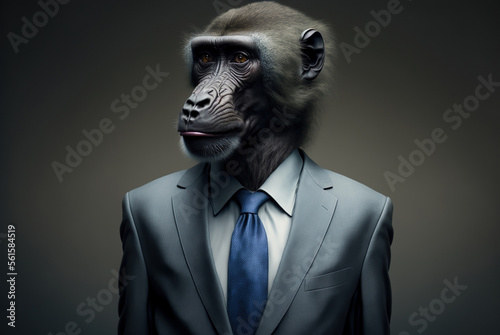 Portrait of a Baboon dressed in a formal business suit, generative ai