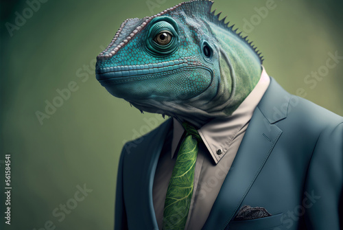 Fototapeta Portrait of a iguana dressed in a formal business suit,  generative ai