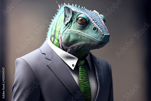 Obraz na płótnie Portrait of a iguana dressed in a formal business suit,  generative ai