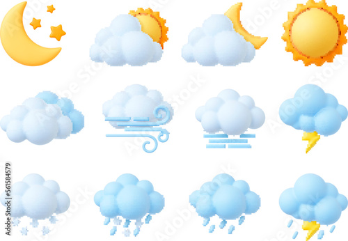 Plasticine 3d weather icons, render style sun, cumulus and snowflakes. Trendy fluffy bubbles clouds, wind symbol, raindrops. Pithy isolated vector set