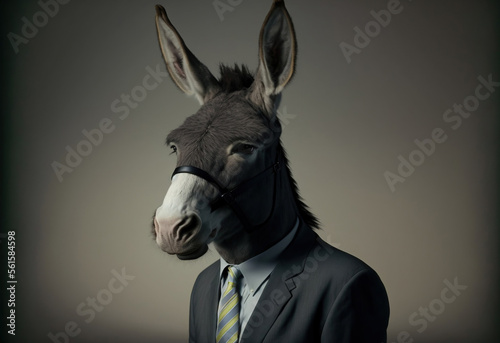 Fotografie, Obraz Portrait of a donkey dressed in a formal business suit,  generative ai