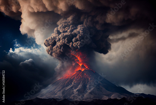 Volcanic eruption in Italy. Powerful explosion. Lava flows. Lots of smoke and fire. Generative AI Art. Apocalypse.