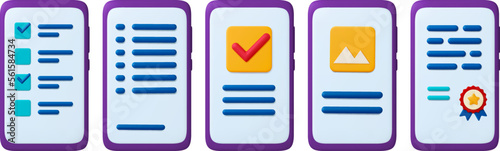 Digital documents 3d icons. Smartphone screen text, cercified sign, corporate agreement. Task list on phone, picture app, vector set
