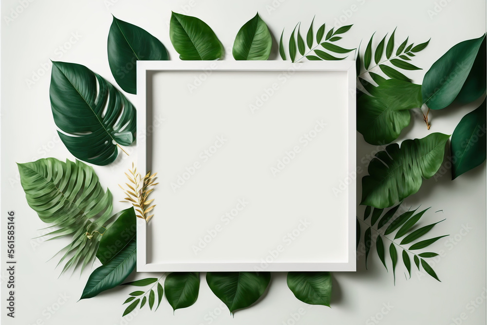 Green leaves with white square frame, flat lay, for advertising card or invitation Green leaves with white square frame, flat lay, for advertising card or invitation