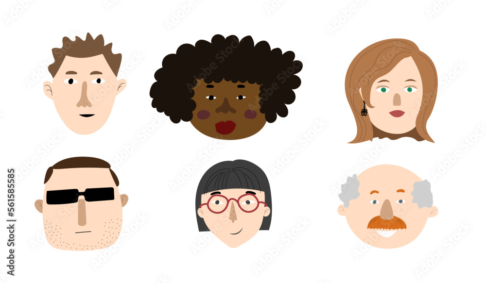 Set of human character faces vector avatars. Drawn male and female heads of various nations. Set of human character faces vector avatars. Drawn male and female heads of various nations.
