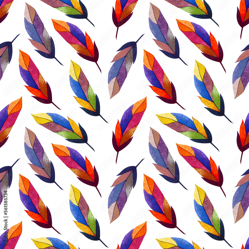 Fototapeta premium Watercolor Seamless pattern colourful feathers on the white background. Texture for wrapping paper, fabrics, decor. 