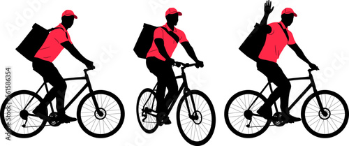 Set of silhouettes of delivery guy riding a bicycle. Delivery man with a package on the bike waves his hand. Vector flat style illustration isolated on white. Full-length view