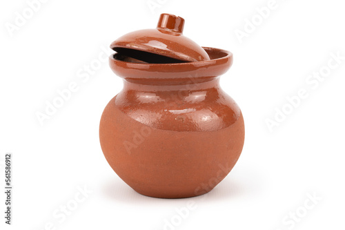 Clay pot with brown lid partially varnished
