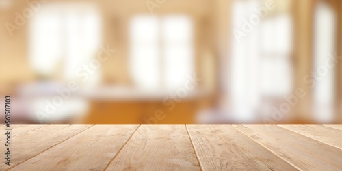 Fototapeta Naklejka Na Ścianę i Meble -  Empty wooden table top with out of focus lights bokeh rustic farmhouse kitchen background