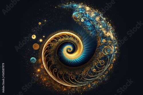 Space background with golden spiral. Astrology and fantasy illustration. Golden ratio. Generative AI