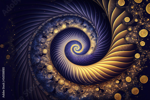 Abstract design of golden ratio. Golden spiral on space background. Generative AI