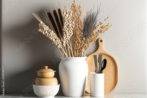 Potted straws with pebbles, dry plants, an ornament, ears, a sheaf, and a branch in a vase over a white and wooden kitchen with accessories make up the modern basic interior design. Generative AI
