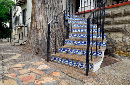 Blue and white tile decals on outside staircase on the San Antonio riverwalk