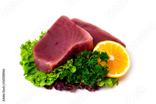 Raw steak, tuna fish, on a white background, close-up,