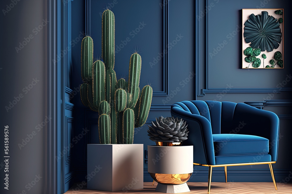 Stock-illustrationen A fashionable blue and navy toilet, cacti in a  lastrico pot, a design recliner with a pillow, a cube, and elegant personal  accessories complete the interior design of this retro modern