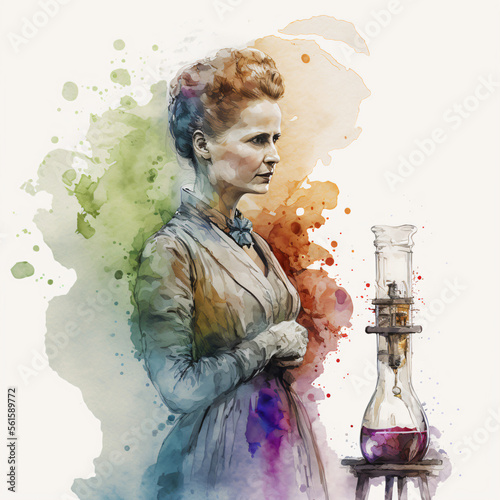 Marie Curie watercolor painting Generative Ai photo