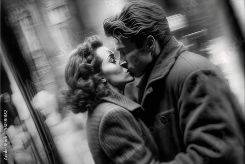 young couple kissing in paris in 1948. monochromatic vintage. This image was created with generative AI  