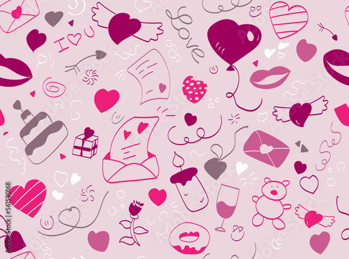Seamless valentine pattern with hearts, envelopes, candles, wine, presents, love you text, lips and love letters. Usefull for gift wrapping or seamless backgrounds to celebrate February 14.