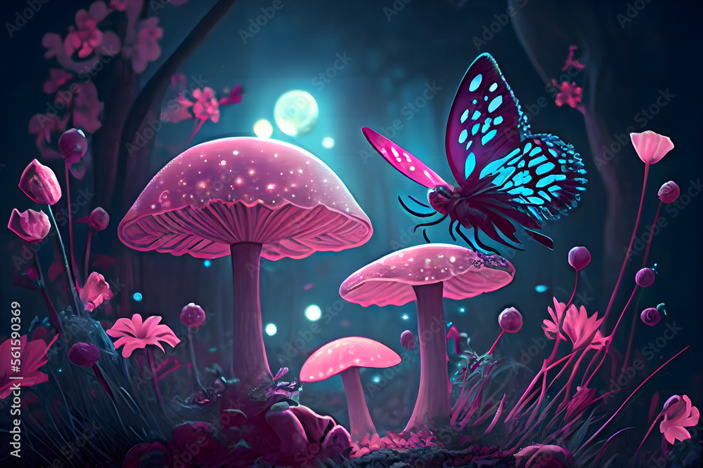 Magical fantasy mushrooms in an enchanted fairy tale dreamy elf forest ...