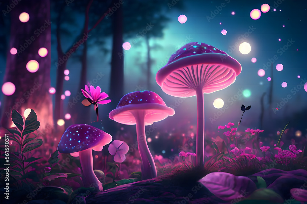 Magical fantasy mushrooms in an enchanted fairy tale dreamy elf forest ...