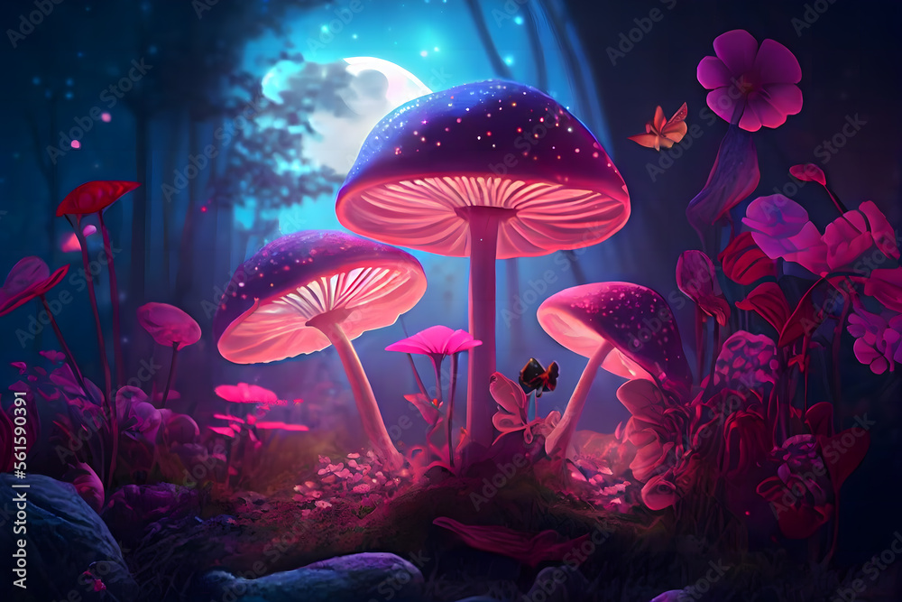 Magical fantasy mushrooms in an enchanted fairy tale dreamy elf forest ...