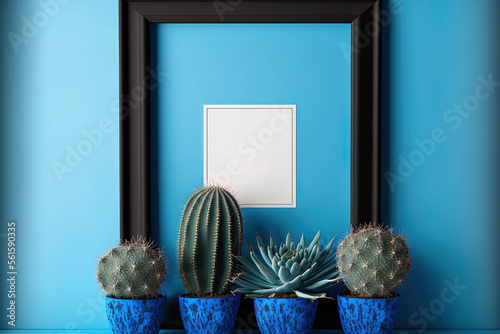 Mockup frame in black with four cacti on a background of blue. Generative AI photo