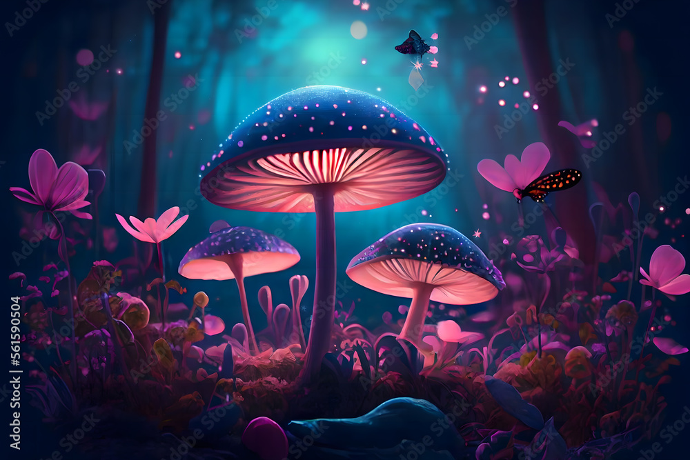 Magical fantasy mushrooms in an enchanted fairy tale dreamy elf forest ...