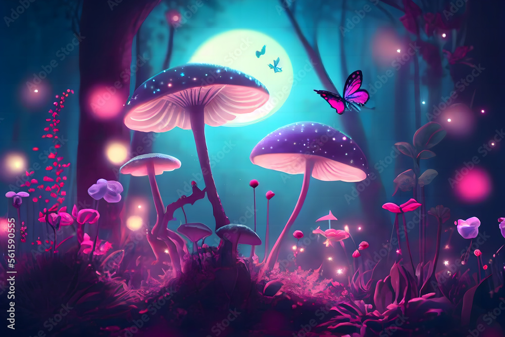 Magical fantasy mushrooms in an enchanted fairy tale dreamy elf forest ...
