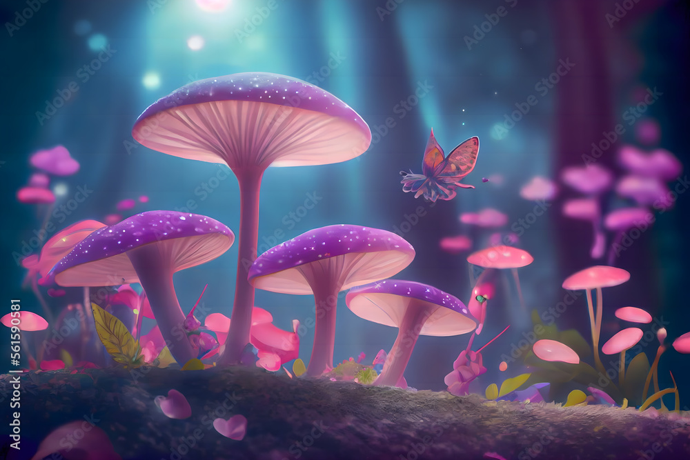 Magical fantasy mushrooms in an enchanted fairy tale dreamy elf forest ...