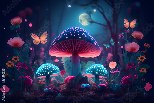 Magical fantasy mushrooms in an enchanted fairy tale dreamy elf forest with fabulous fairytale blooming pink rose flower and butterfly on mysterious background, shiny glowing stars and moon rays in ni © Hui
