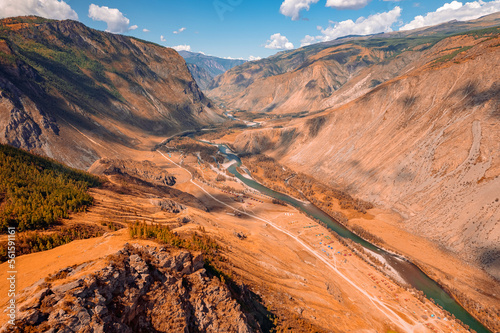 Altai mountains Katu Yaryk pass Chulyshman river gorge Russia. Beautiful aerial top view landscape photo