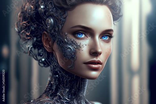 A beautiful woman with bright blue eyes, a half-cyborg face and in a futuristic setting, generative ai