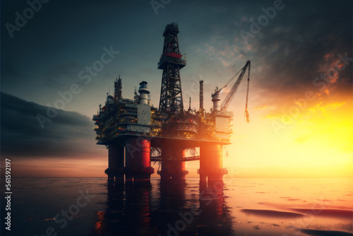 Leinwand Poster Offshore petroleum platform oil rig and gas at sea water sunset light