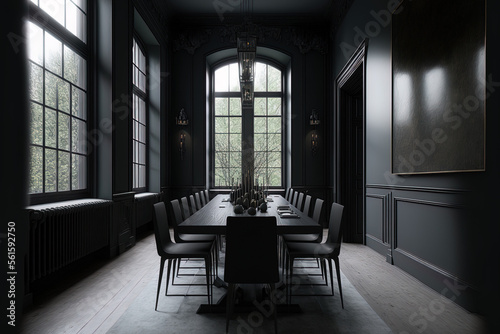 In a room that is completely black  there is a long black dining table with black and wooden chairs. a big mock window. Generative AI