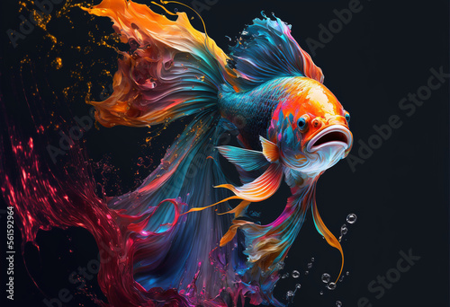 Abstract color paint splash gold fish, creative background, Generative ai.