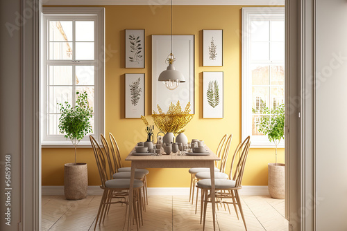 Scandinavian vintage dining room in yellow and beige tones. Wooden table with chairs, parquet, decors and frame mockup. Farmhouse interior design, 3d illustration. Generative AI